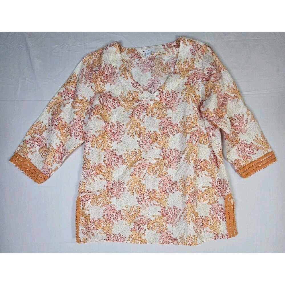 J.Jill Shirt Women's Small Orange Pink Linen Tunic Top Coral Print Oversized